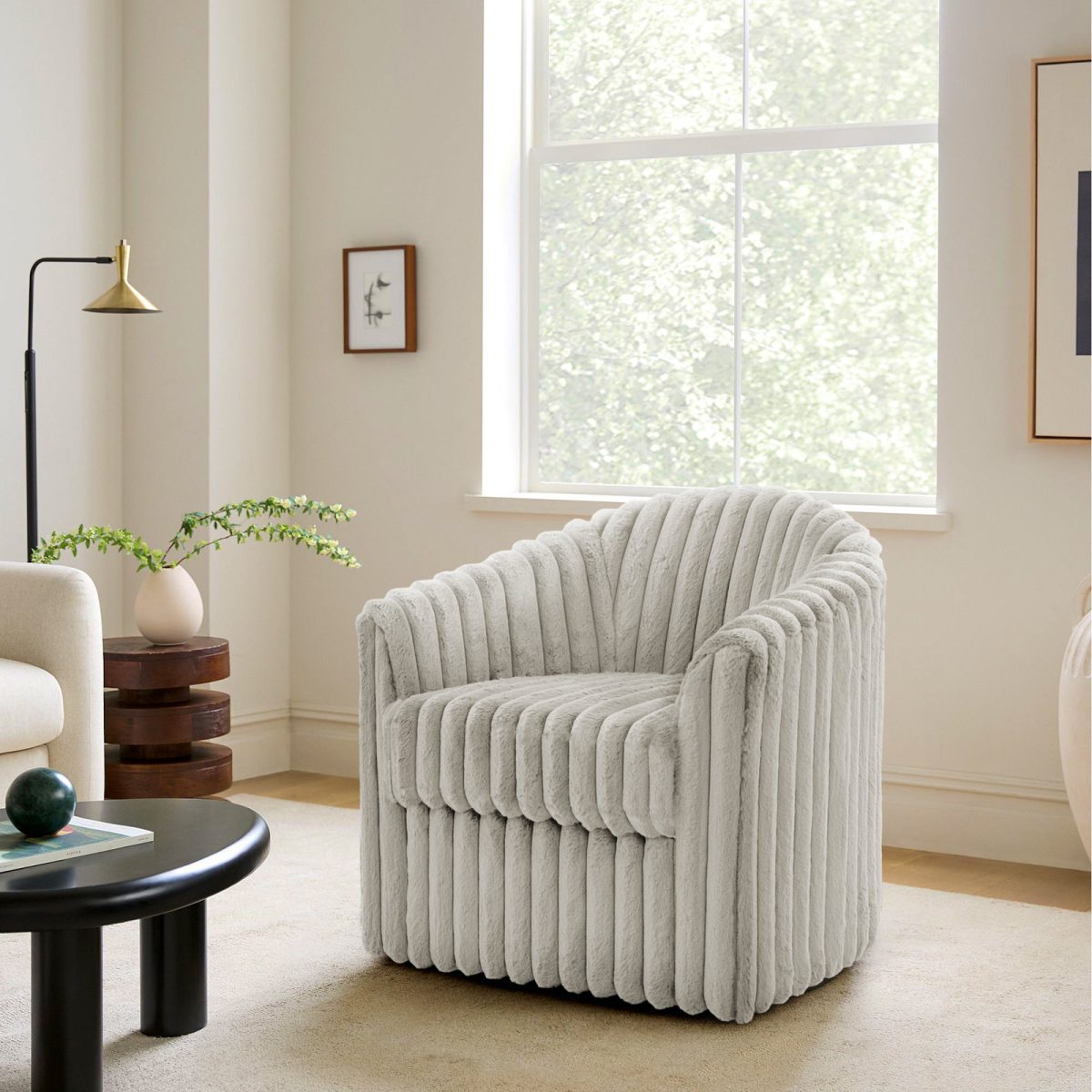 Aunna Upholstered Rabbit Fur Swivel Barrel Chair - Image 2