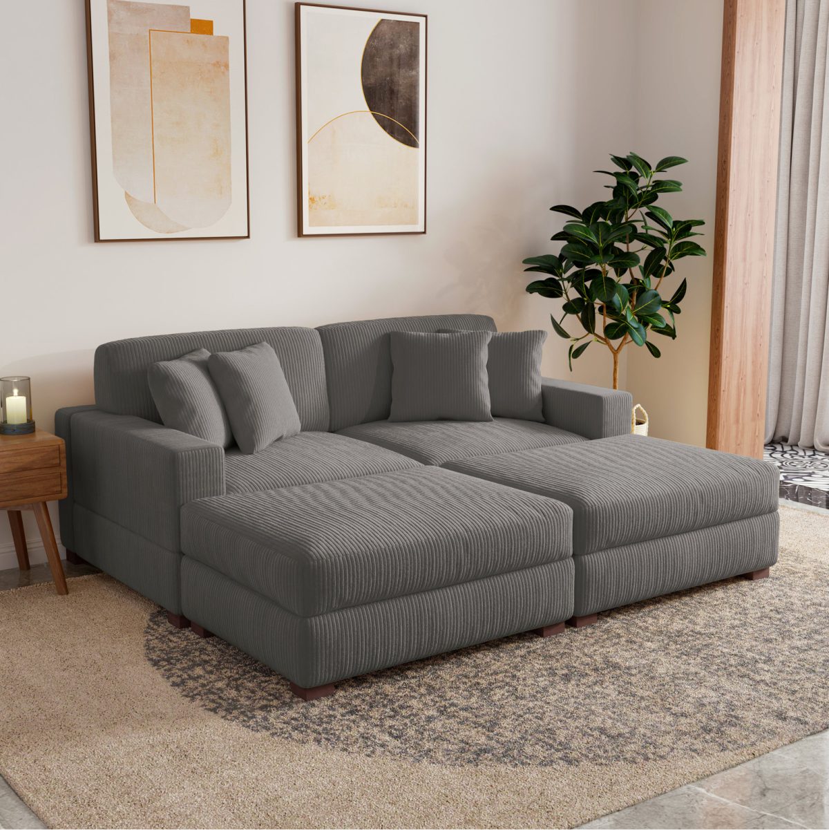 Milbrey 4-Piece Corduroy Sleeper Sofa Set With Armchairs & Ottomans - Image 7